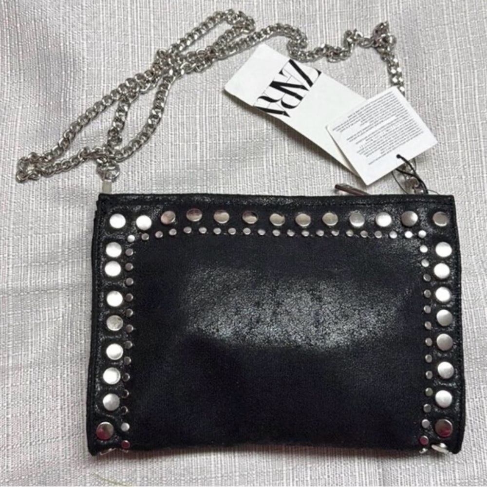 Zara Black Studded Crossbody Bag with Silver Chain